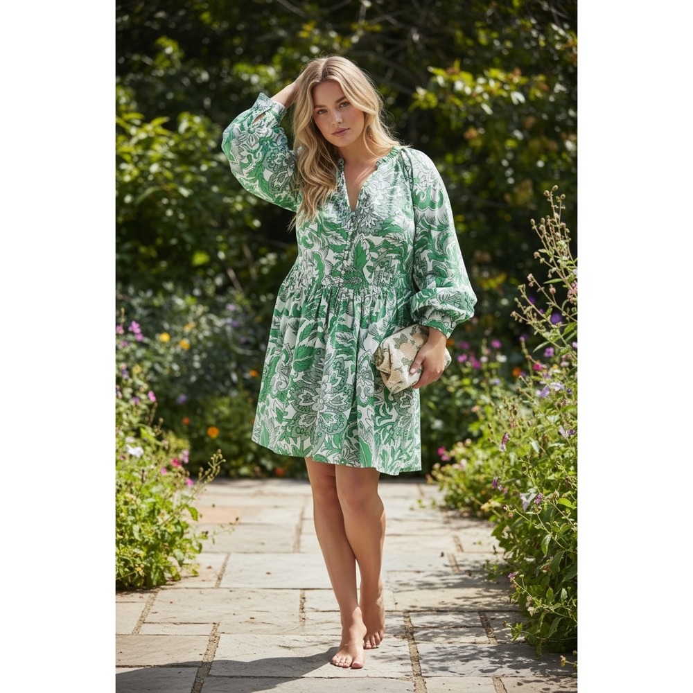 Anthropologie Let Me‎ Be Green Floral Midi Tunic Dress Sz 2X Resort Vacation